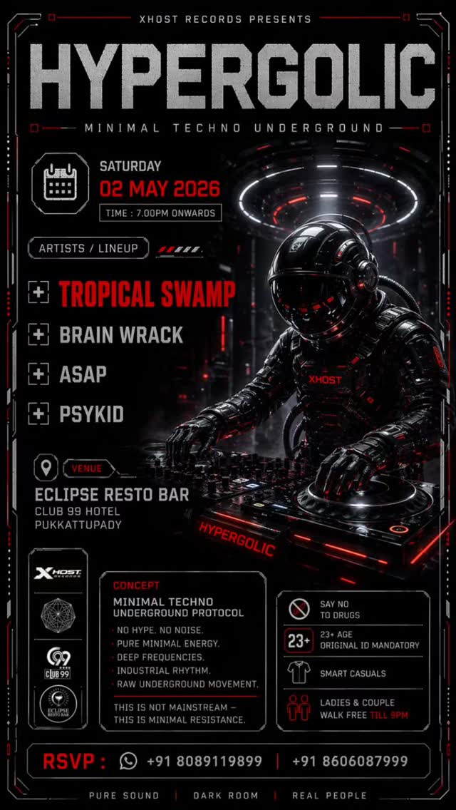 HYPERGOLIC – Minimal Techno Underground Night Ft. Tropical Swamp, Brain Wrack, ASAP, Psykid | Eclipse Resto Bar, Kochi