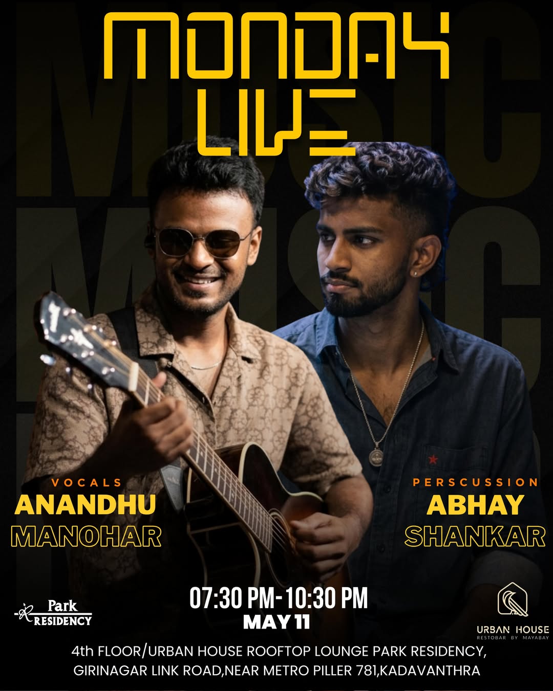 Monday Live – Acoustic Music Night Ft. Anandhu Manohar & Abhay Shankar | Urban House Rooftop Lounge, Park Residency, Kadavanthra, Kochi