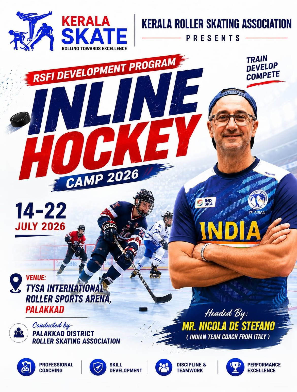 RSFI Development Programme – Inline Hockey Camp 2026 by Mr. Nicola De Stefano | TYSA International Roller Sports Arena, Palakkad