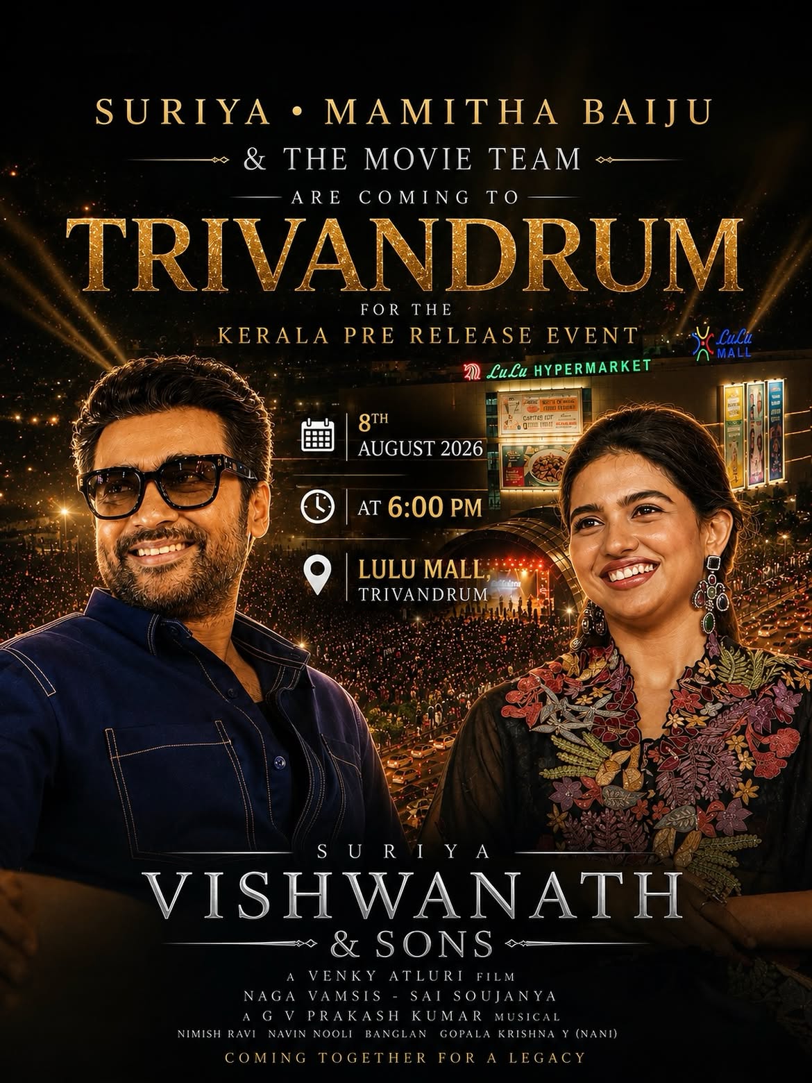 Vishwanath & Sons Kerala Pre Release Event featuring Suriya & Mamitha Baiju | Lulu Mall, Thiruvananthapuram