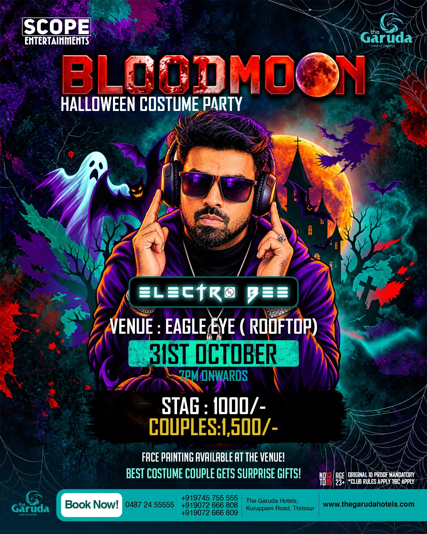 Bloodmoon Halloween Costume Party with Electro Bee | Eagle Eye Rooftop, The Garuda Hotels, Thrissur