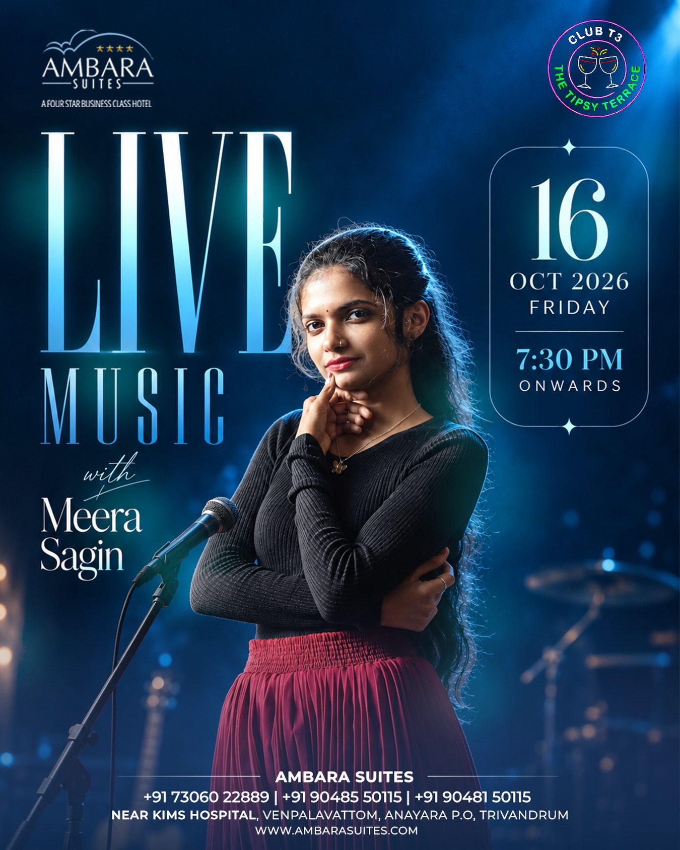 Live Music with Meera Sagin | Club T3 – The Tipsy Terrace, Ambara Suites, Trivandrum