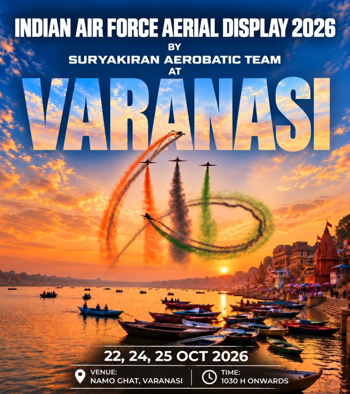 Indian Air Force Aerial Display 2026 by Suryakiran Aerobatic Team | Namo Ghat, Varanasi