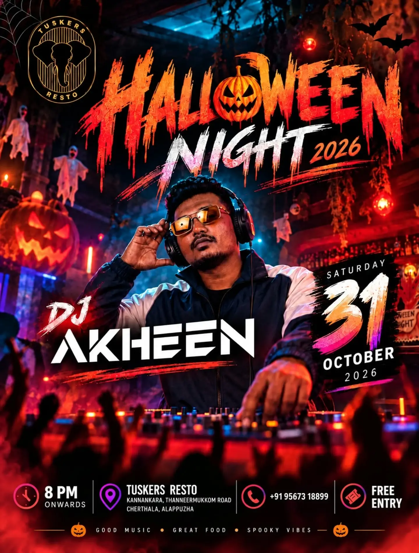 Halloween Night 2026 with DJ Akheen | Tuskers Resto, Kannankara